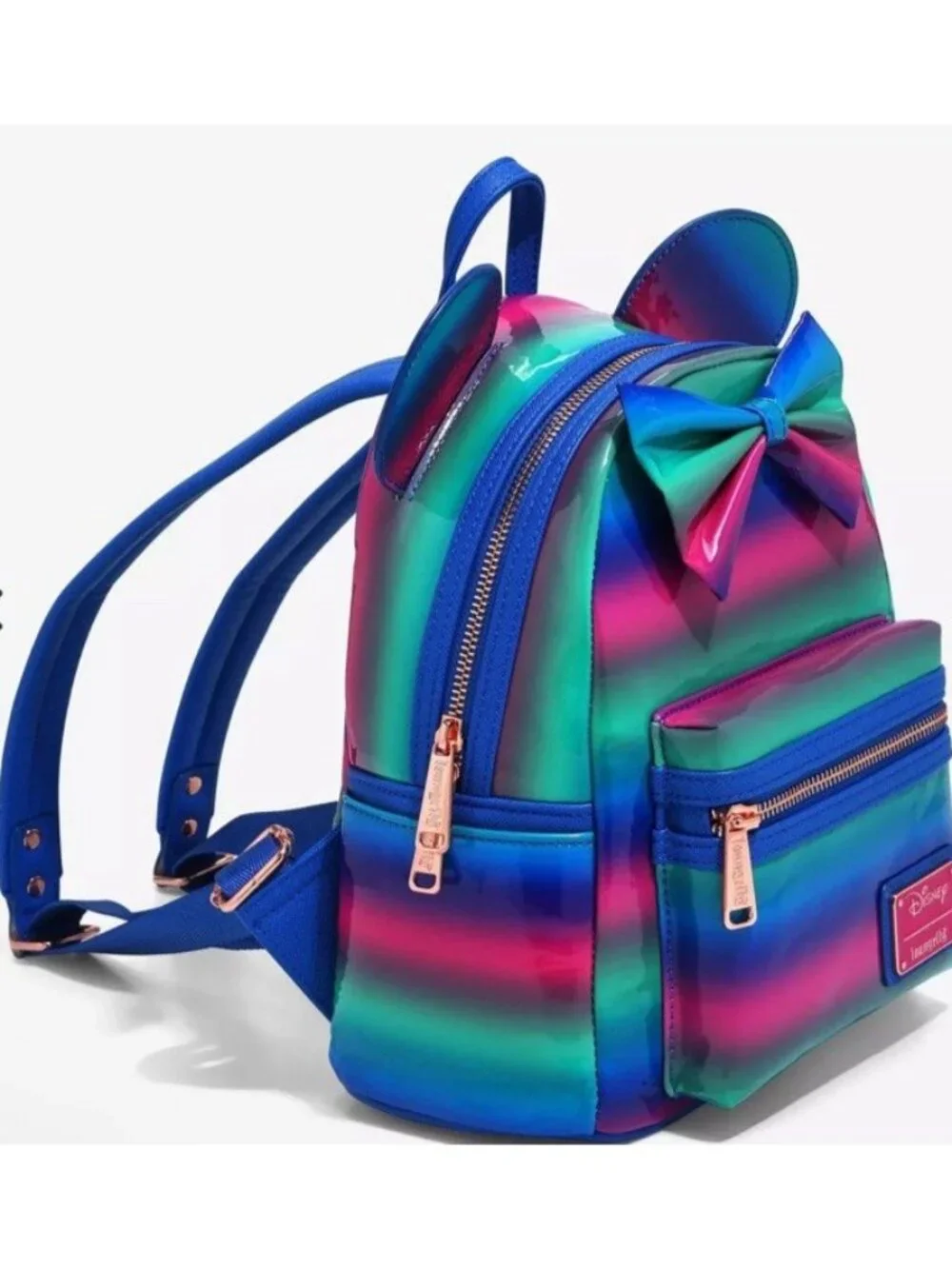 Loungefly Minnie Mouse Bow Ombre Striped Patent Leather Slick Pink Blue NWT